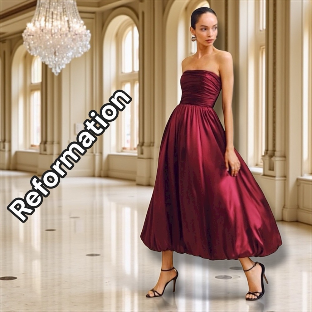 Reformation Elspeth Burgundy Strapless Dress, Size 00 - Picture 4 of 11